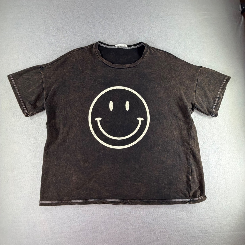 Smiley Face Graphic T-Shirt Acid Wash Black Boxy Oversized Streetwear Womens S